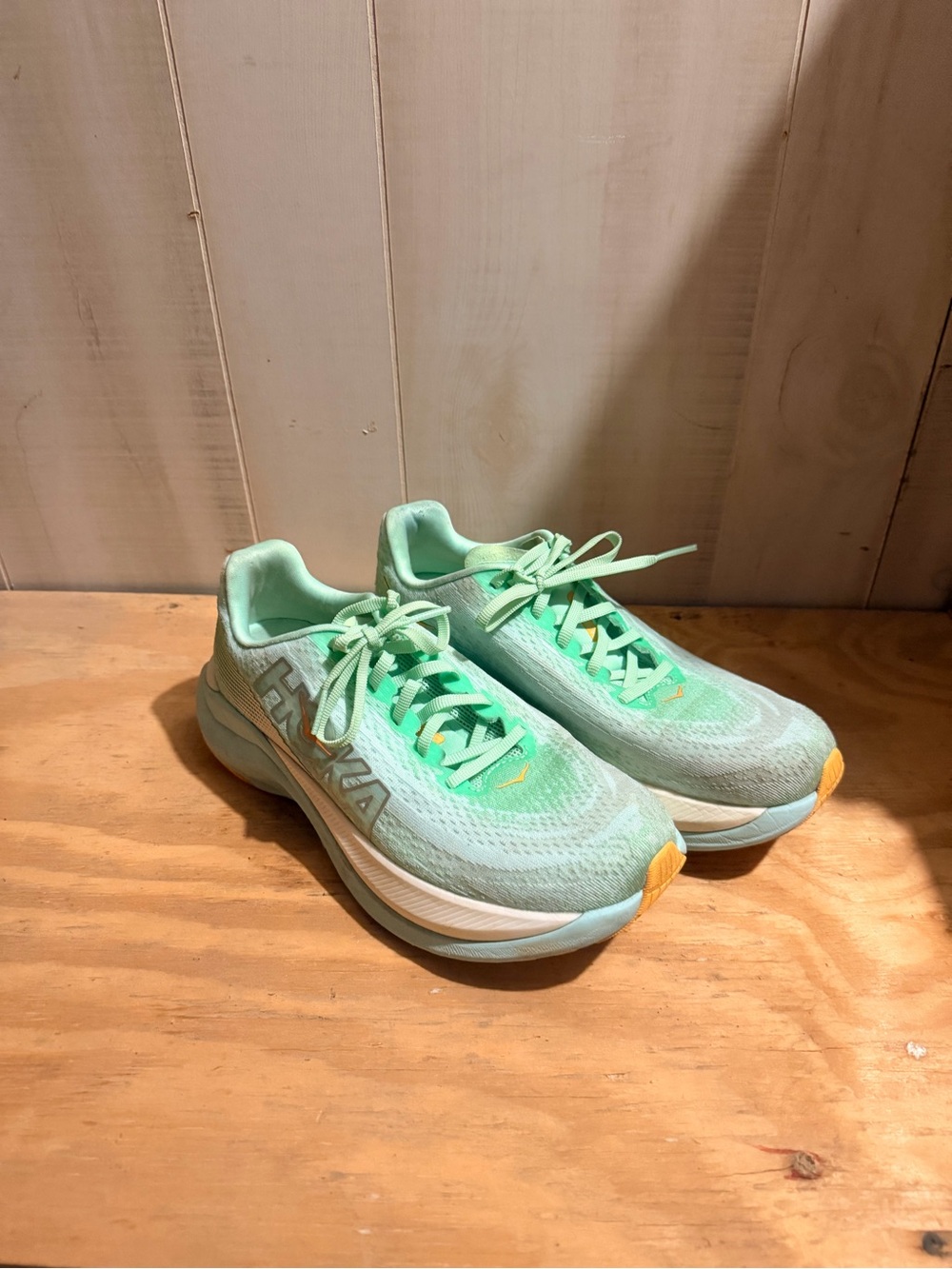 Hoka Women's Mint Green Running Sneakers with Yellow Toe Accents
